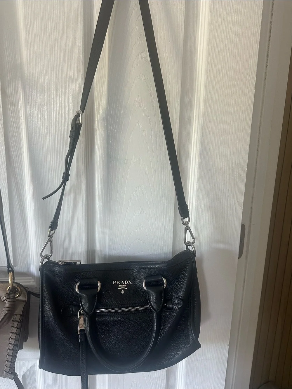 Prada Black Pebbled Leather Messenger Bag with Silver-Tone Hardware